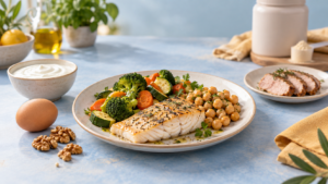 Pesce con ceci e verdure, accompagnato da yogurt, uovo, noci e carne, con un barattolo di proteine in polvere sullo sfondo.