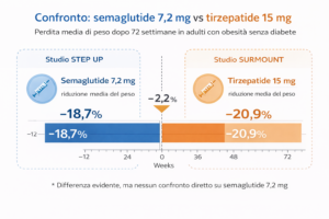 Confronto tra semaglutide 7,2 mg e tirzepatide 15 mg nella perdita di peso: risultati medi a 72 settimane negli studi STEP UP e SURMOUNT
