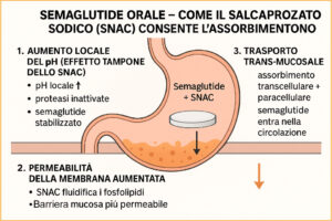 Meccanismo di assorbimento del semaglutide orale tramite SNAC nello stomaco