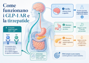 Come funzionano i GLP-1 AR e la tirzepatide sul cervello, sullo stomaco e sul pancreas