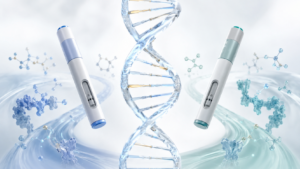 DNA tra due penne iniettabili, simbolo della risposta genetica a semaglutide e tirzepatide