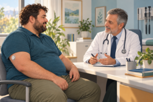 Persona con diabete di tipo 1 e obesità durante una visita specialistica