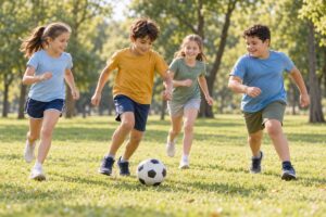 Quattro bambini di corporature diverse giocano a pallone in un parco.