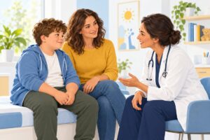 Illustrazione di un bambino con la madre durante un colloquio con una pediatra.