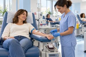 Donatrice di sangue assistita da un’infermiera in un centro trasfusionale.